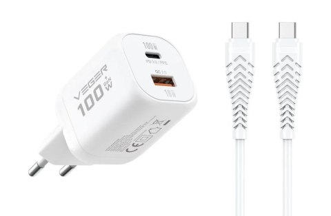 Ładowarka sieciowa do telefonu VEGER USB A + Typ C PD Super Charge PPS 100W + kabel Typ C do C 240W TR150 biała