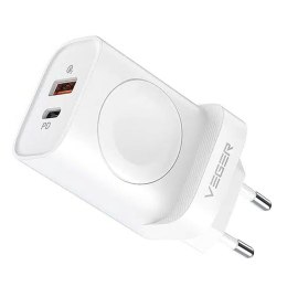 Ładowarka sieciowa do telefonu VEGER USB A + Typ C + ładowarka indukcyjna kompatybilna z Apple Watch PD QC3.0 3A 25W W002E biała