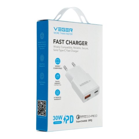 Ładowarka sieciowa do telefonu VEGER USB A + USB C QC PD 30W 30W1A1C biała