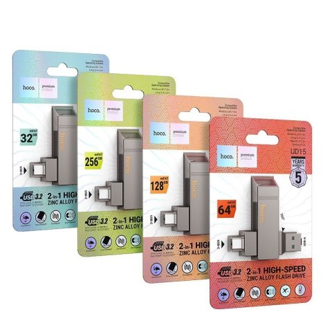 Pendrive 128GB USB 3.2 (USB A + USB C) Hoco UD15 szary