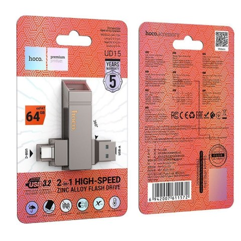 Pendrive 64GB USB 3.2 (USB A + USB C) Hoco UD15 szary