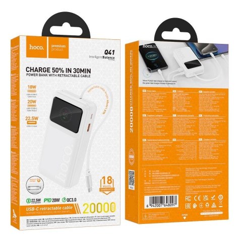 Powerbank 20000 mAh QC PD 22,5W 2A z wbudowanym kablem USB C Hoco Q41 biały