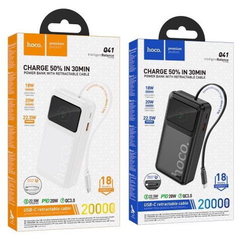 Powerbank 20000 mAh QC PD 22,5W 2A z wbudowanym kablem USB C Hoco Q41 biały
