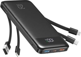 Powerbank 5V 3A 10000 mAh z wbudowanymi kablami USB A / USB C / Lightning / Micro USB Charmast W1148 czarny OINT