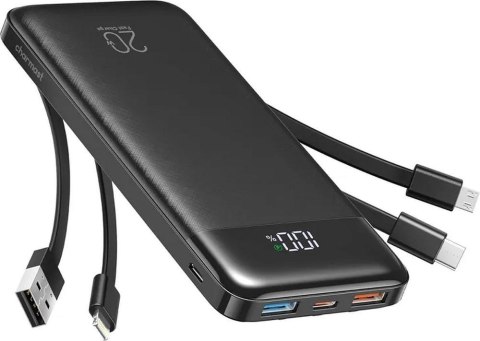 Powerbank 5V 3A 10000 mAh z wbudowanymi kablami USB A / USB C / Lightning / Micro USB Charmast W1148 czarny OINT