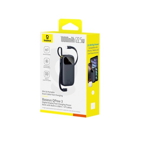 Powerbank Baseus EnerFill FC31 QPow3 10000mAh 22.5W z wyświetlaczem cyfrowym i 2 wbudowanymi kablami (USB-C + Lightning) - czarn