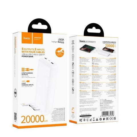 Powerbank Hoco 20000 mAh 2A z czterema wbudowanymi kablami USB A + USB C+ Lightning + Micro USB J163A biały