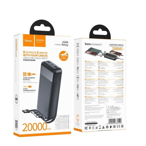Powerbank Hoco 20000 mAh 2A z czterema wbudowanymi kablami USB A + USB C+ Lightning + Micro USB J163A czarny