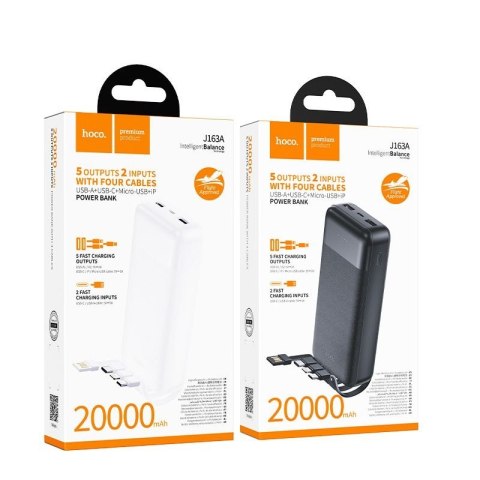 Powerbank Hoco 20000 mAh 2A z czterema wbudowanymi kablami USB A + USB C+ Lightning + Micro USB J163A czarny