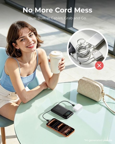 Powerbank Veger Fuerza 10 (W1212B) PD 20W 10000 mAh z wbudowanymi kablami Typ C / Lightning czarny