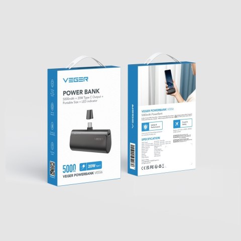 Powerbank Veger PlugOn (W0556/V0556) PD QC3.0 3A 20W 5000 mAh z wbudowanym złączem Typ C czarny