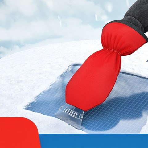 Skrobaczka do odśnieżania auta z rękawicą czerwona