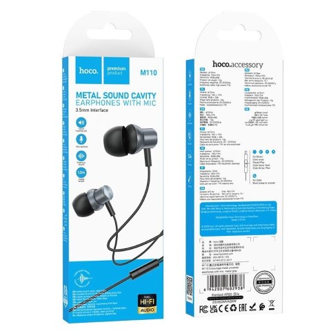 Słuchawki przewodowe douszne Jack 3,5 mm Hoco M110 szare