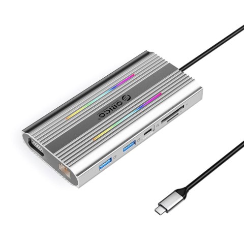 Stacja dokująca USB-C Orico XCR 12w1 RGB 3x USB-A USB-C PD 100W HDMI 4K VGA RJ45 Gigabit czytnik kart SD i microSD - srebrna