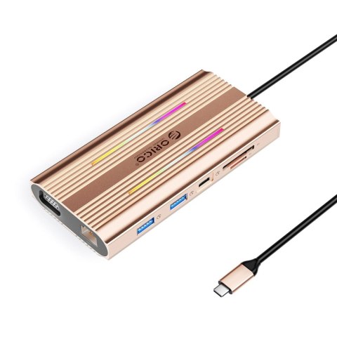 Stacja dokująca USB-C Orico XDR 12w1 RGB 3x USB-A USB-C PD 100W HDMI 4K VGA RJ45 Gigabit czytnik kart SD i microSD - różowo-złot