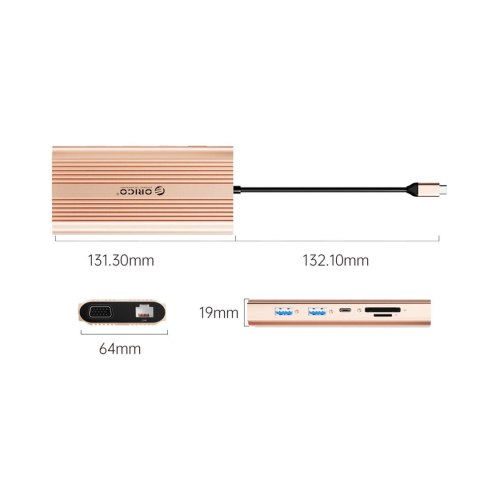 Stacja dokująca USB-C Orico XDR 12w1 USB-A USB-C HDMI 4K VGA RJ45 Gigabit PD 100W czytnik kart SD i microSD - różowo-złota