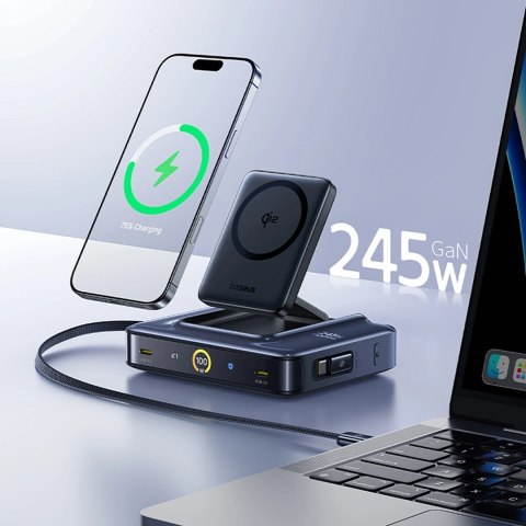 Stacja ładująca Baseus Nomos NH21 6w1 245W bezprzewodowa z dwoma zwijanymi kablami USB-C - czarna