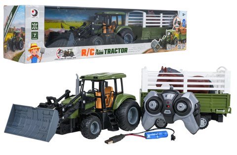 Zielony Traktor z Przyczepą R/C 1:20 + Zwierzątka Koń