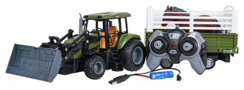 Zielony Traktor z Przyczepą R/C 1:20 + Zwierzątka Koń