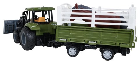 Zielony Traktor z Przyczepą R/C 1:20 + Zwierzątka Koń