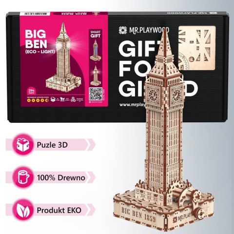 Mr.Playwood Drewniane Puzzle 3D z Diodą LED - Big Ben