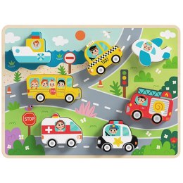 TOOKY TOY Drewniane Puzzle Montessori Pojazdy Samochody Samolot Statek Miasto Dopasuj Kształty