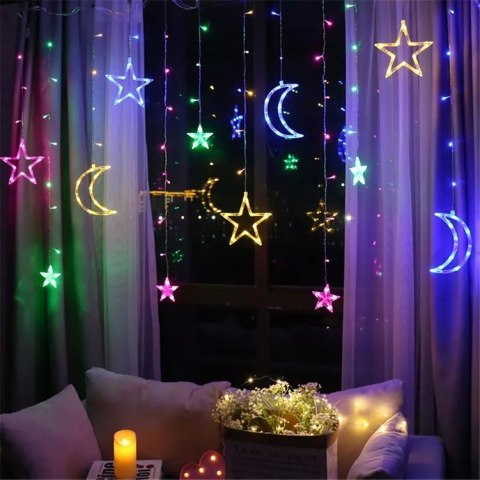 Lampki LED kurtyna księżyc gwiazdy 2,5m 138LED multikolor