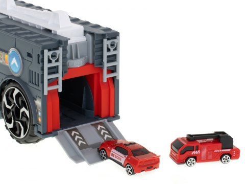 TRANSPORTER CIĘŻARÓWKA TIR 2W1 PARKING LAWETA + 3 AUTA CZERWONA