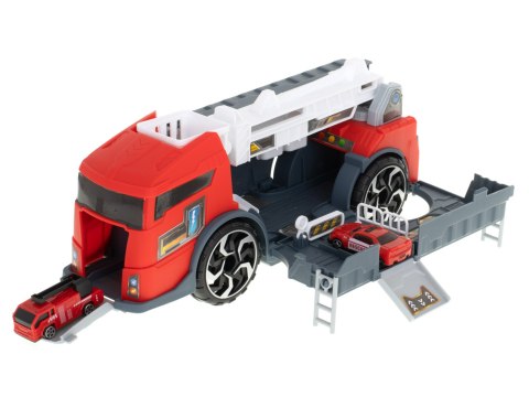 TRANSPORTER CIĘŻARÓWKA TIR 2W1 PARKING LAWETA + 3 AUTA CZERWONA