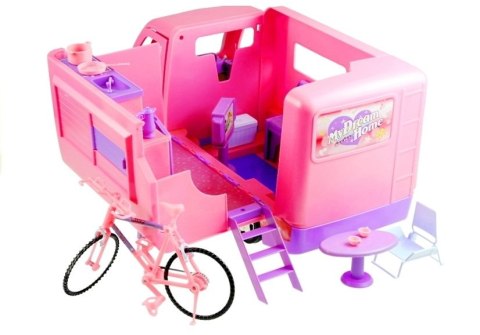 CAMPER CAMPING RÓŻOWY POJAZD DLA LALKI ROWER 50 CM