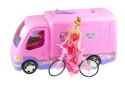 CAMPER CAMPING RÓŻOWY POJAZD DLA LALKI ROWER 50 CM