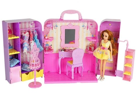 GARDEROBA ZE ŚWIATŁEM I LUSTREM LALKA 26 CM ZESTAW UBRAŃ AKCESORIA