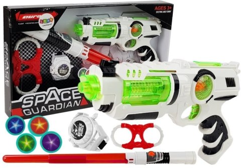 ZESTAW WOJOWNIKA KOSMOSU PISTOLET LASEROWY MIECZ ŚWIETLNY KAJDANKI MIOTACZ DYSKÓW