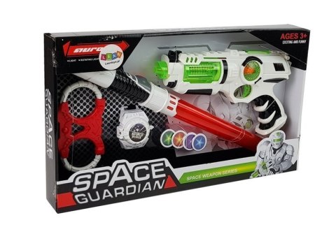 ZESTAW WOJOWNIKA KOSMOSU PISTOLET LASEROWY MIECZ ŚWIETLNY KAJDANKI MIOTACZ DYSKÓW