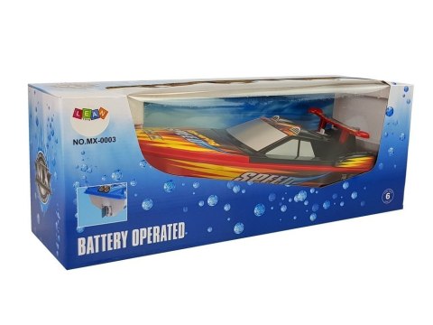 ŁÓDŹ MOTORÓWKA NA BATERIE CZERWONO- ŻÓŁTO- CZARNA 4 KIERUNKI 40 CM