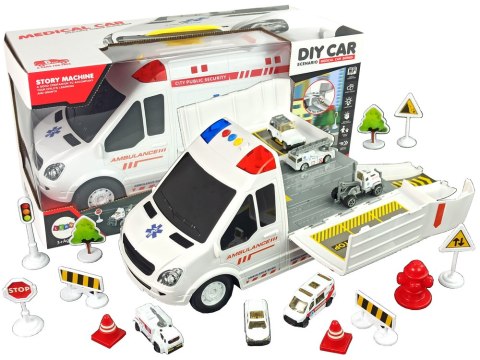 AMBULANS TRANSPORTOWY PARKING DŹWIĘKI ŚWIATŁA NAPĘD FRYKCYJNY AUTKA AKCESORIA