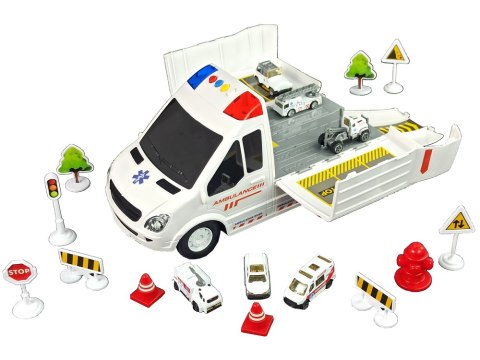 AMBULANS TRANSPORTOWY PARKING DŹWIĘKI ŚWIATŁA NAPĘD FRYKCYJNY AUTKA AKCESORIA