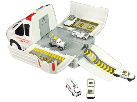 AMBULANS TRANSPORTOWY PARKING DŹWIĘKI ŚWIATŁA NAPĘD FRYKCYJNY AUTKA AKCESORIA