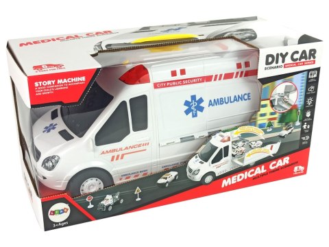 AMBULANS TRANSPORTOWY PARKING DŹWIĘKI ŚWIATŁA NAPĘD FRYKCYJNY AUTKA AKCESORIA