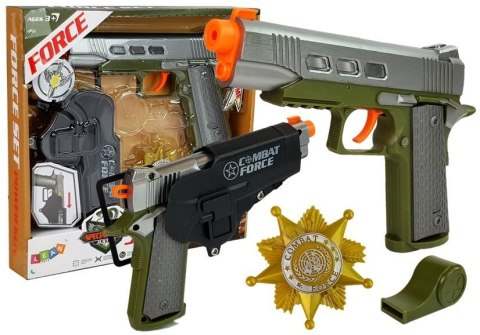 ZESTAW POLICYJNY PISTOLET 20CM ODZNAKA GWIZDEK KABURA EFEKTY ŚWIETLNE DŹWIĘK