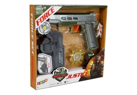 ZESTAW POLICYJNY PISTOLET 20CM ODZNAKA GWIZDEK KABURA EFEKTY ŚWIETLNE DŹWIĘK