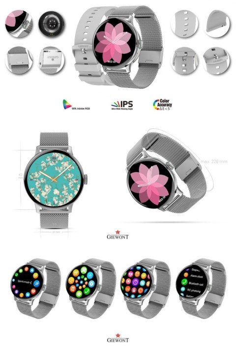 Smartwatch Damski Giewont GW330-2 Srebrny-Szary Pasek Silikonowy + Srebrna Bransoleta