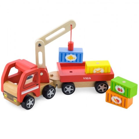 VIGA Drewniany Dźwig Samochód Ciężarówka z Kontenerami Magnes Montessori 18 m+