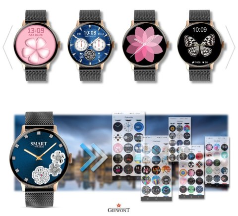 Smartwatch Damski Giewont GW330-5 Różowe Złoto-Czarny Pasek Silikonowy + Czarna Bransoleta