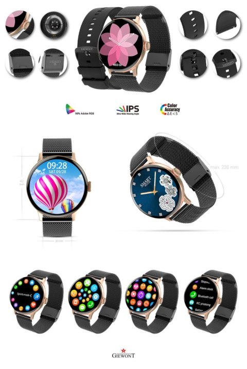 Smartwatch Damski Giewont GW330-5 Różowe Złoto-Czarny Pasek Silikonowy + Czarna Bransoleta