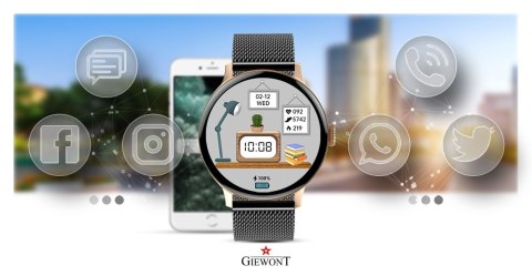 Smartwatch Damski Giewont GW330-5 Różowe Złoto-Czarny Pasek Silikonowy + Czarna Bransoleta