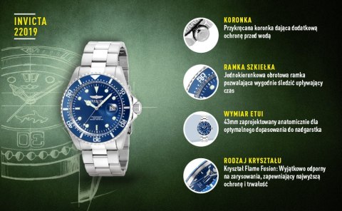 ZEGAREK MĘSKI INVICTA PRO DIVER 22019 - WR200m, koperta 43mm (zv002f)