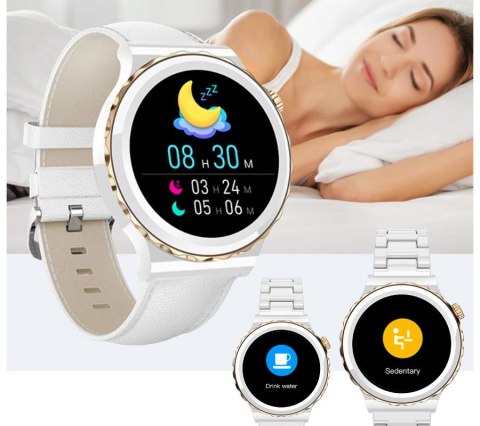 Smartwatch Damski Rubicon RNCE92-2 Złoty-Biały Skórzany Pasek + Biały Silikonowy Pasek