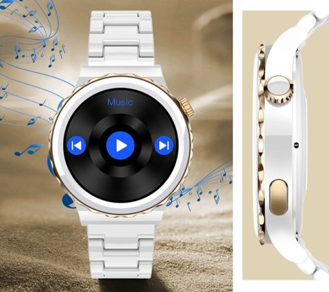 Smartwatch Damski Rubicon RNCE92-2 Złoty-Biały Skórzany Pasek + Biały Silikonowy Pasek