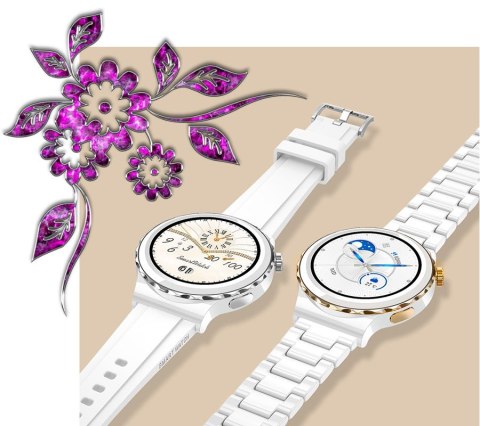 Smartwatch Damski Rubicon RNCE92-2 Złoty-Biały Skórzany Pasek + Biały Silikonowy Pasek